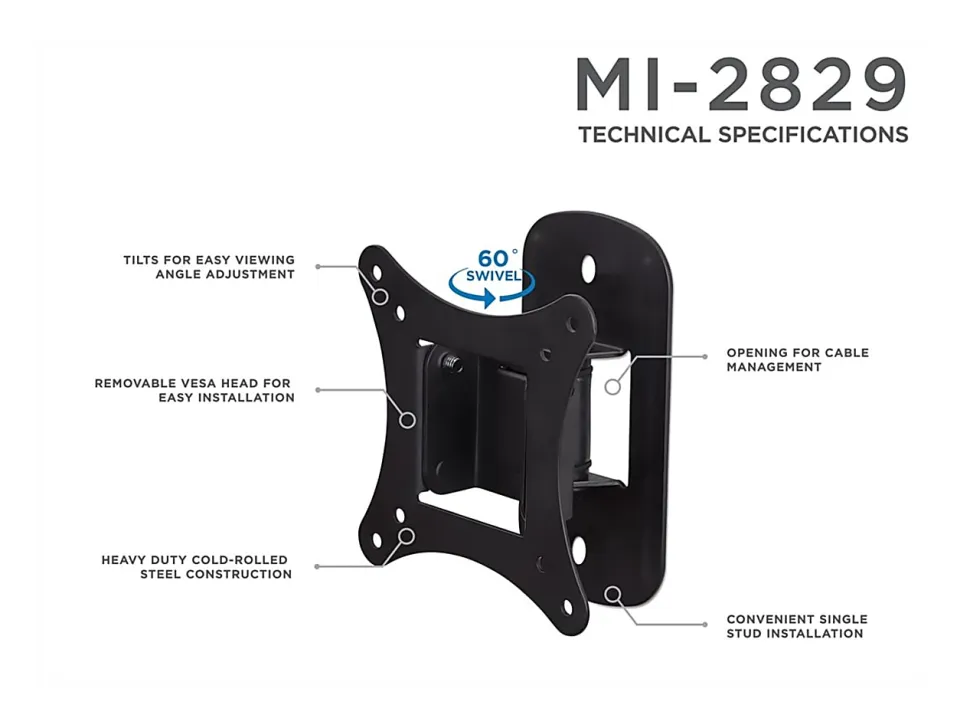 Mount-It! Single Stud Tilt And Swivel TV Wall Mount For Screens Up To 32", 2-3/4”H x 5”W x 6”D, Black