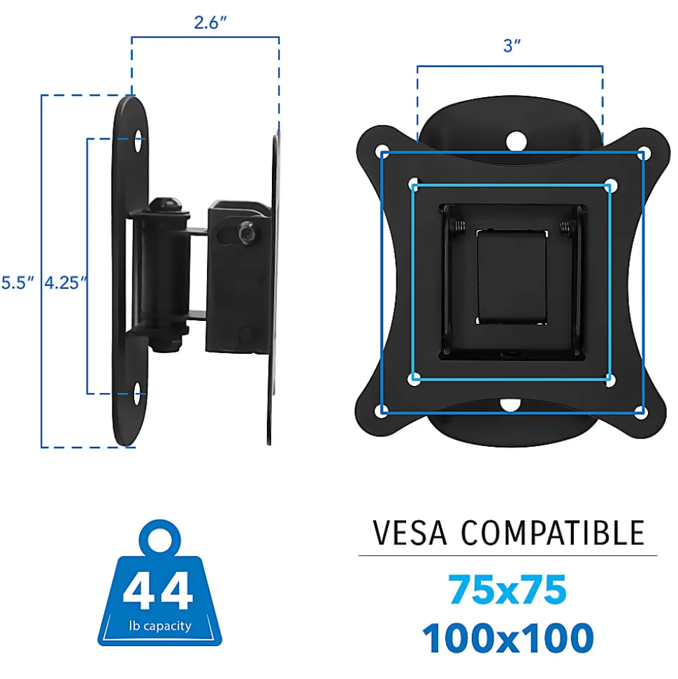 Mount-It! Single Stud Tilt And Swivel TV Wall Mount For Screens Up To 32", 2-3/4”H x 5”W x 6”D, Black