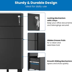 Mount-It! Slim 20"D Vertical 3-Drawer Rolling File Cabinet, Black
