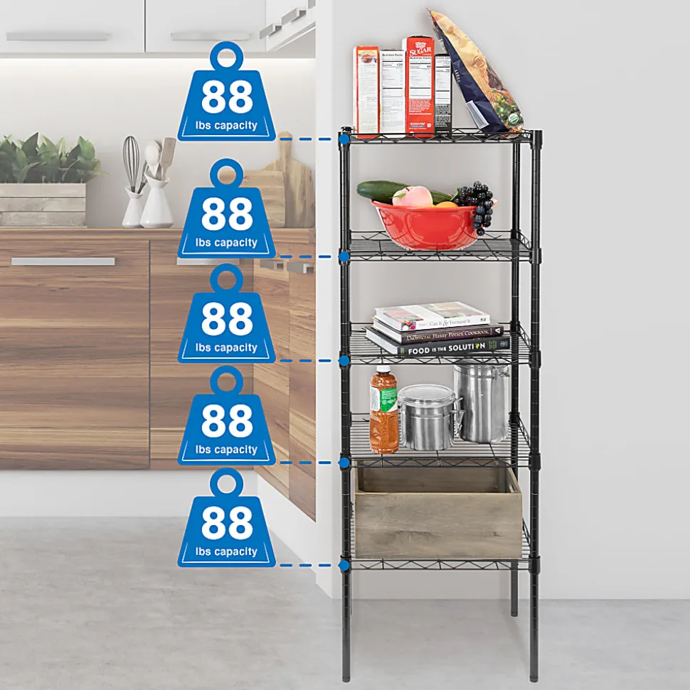 Mount-It! Stainless-Steel Adjustable Shelving Unit, 5-Tiers, 48-1/2"H x 16-1/2"W x 12"D, Black