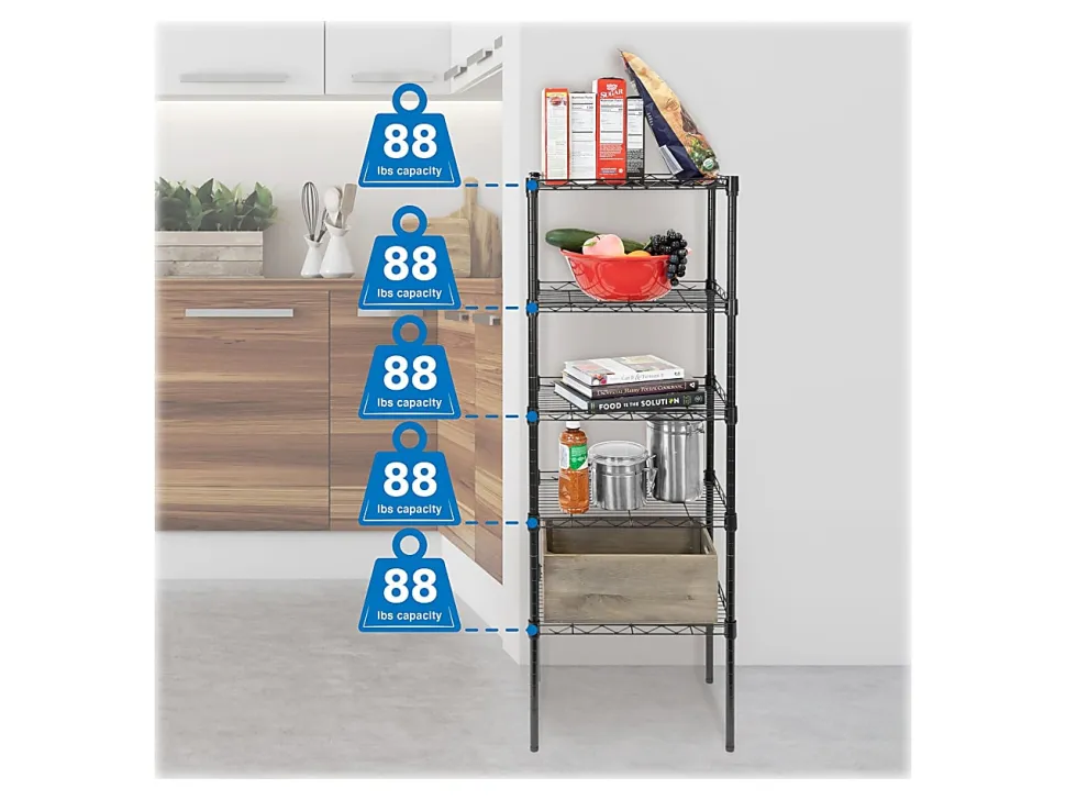 Mount-It! Stainless-Steel Adjustable Shelving Unit, 5-Tiers, 48-1/2"H x 16-1/2"W x 12"D, Black