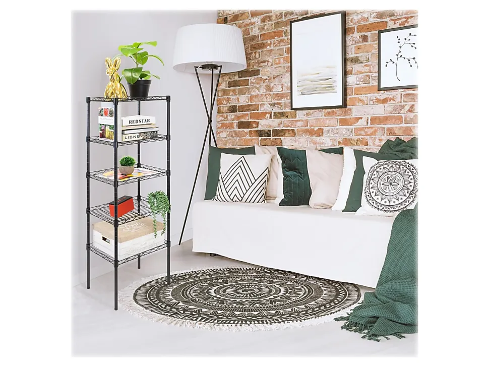 Mount-It! Stainless-Steel Adjustable Shelving Unit, 5-Tiers, 48-1/2"H x 16-1/2"W x 12"D, Black