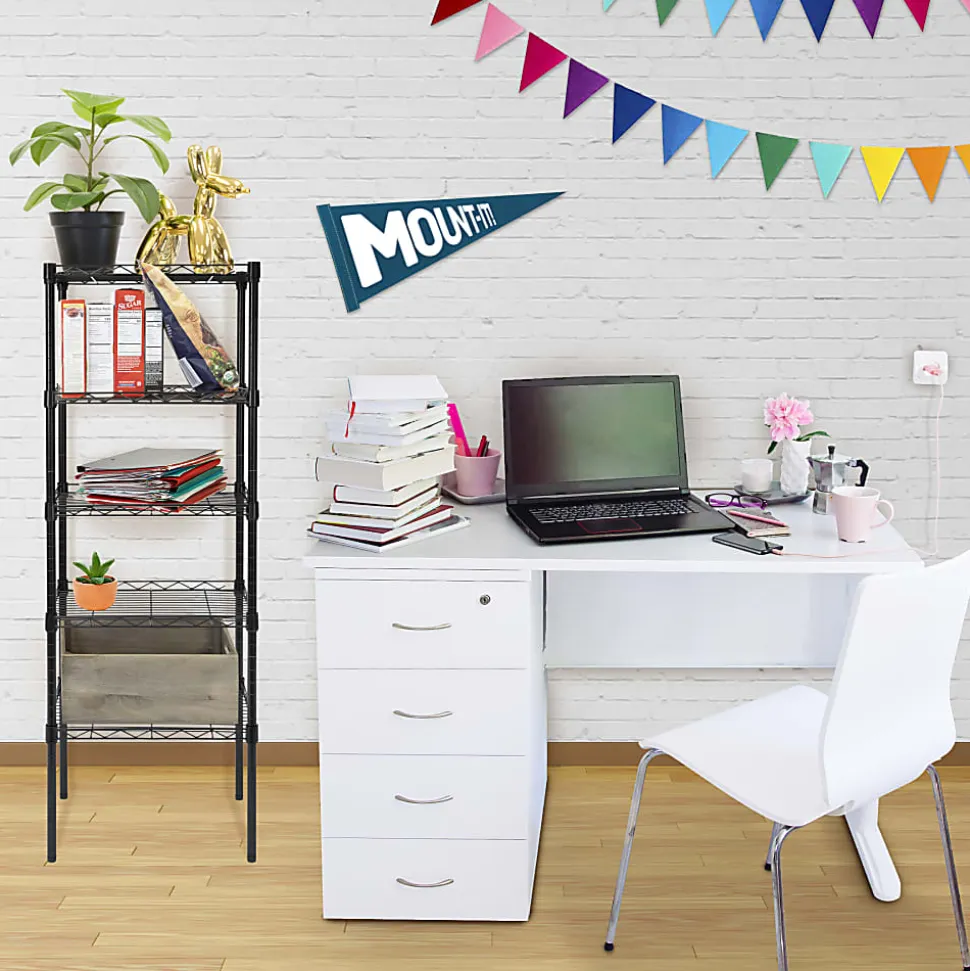 Mount-It! Stainless-Steel Adjustable Shelving Unit, 5-Tiers, 48-1/2"H x 16-1/2"W x 12"D, Black