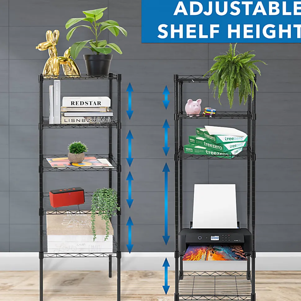 Mount-It! Stainless-Steel Adjustable Shelving Unit, 5-Tiers, 48-1/2"H x 16-1/2"W x 12"D, Black
