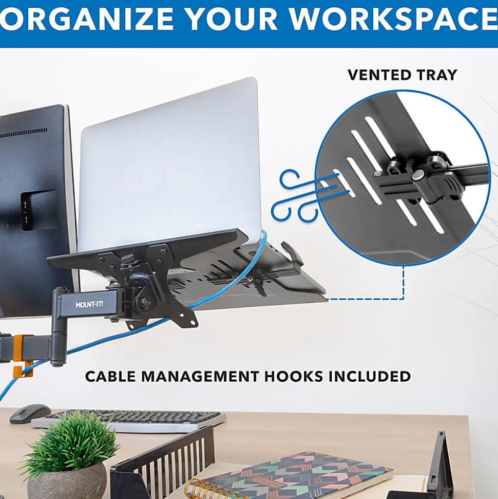 Mount-It! Steel Pole Mount 15.6" Laptop Holder, 6-1/2”H x 11-3/4”W x 13”D, Black/Silver
