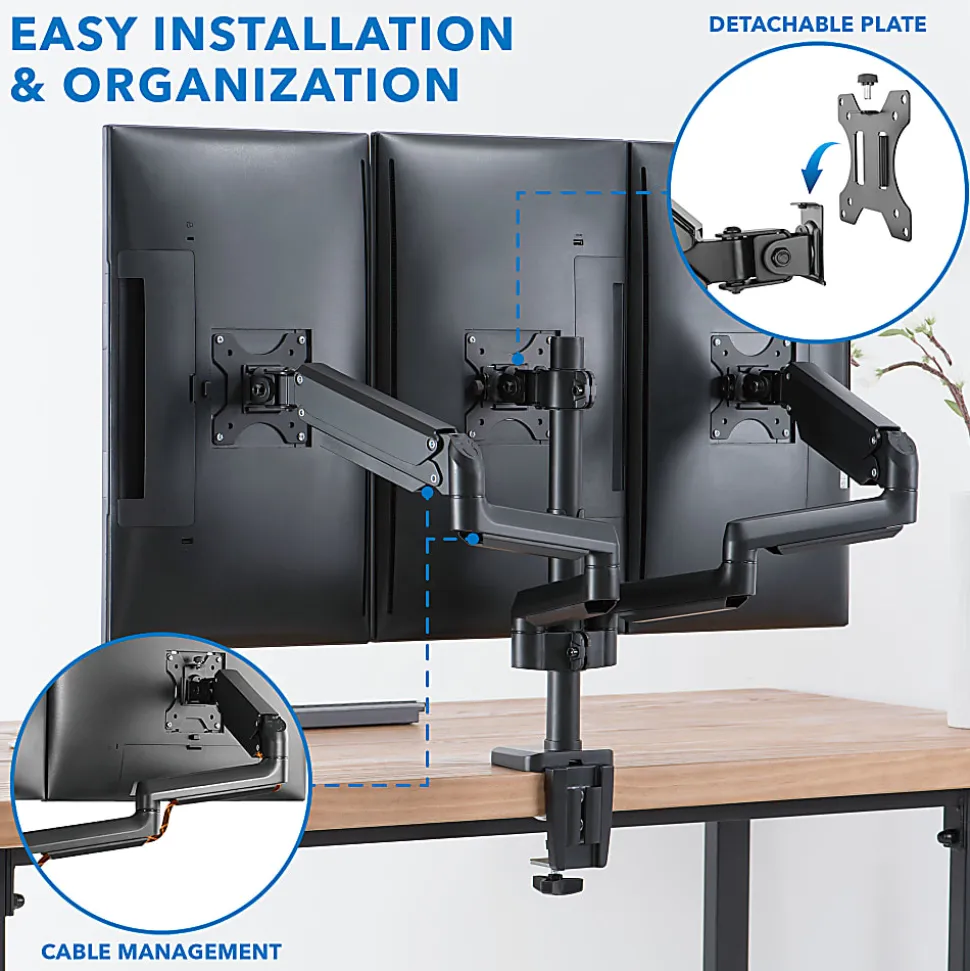 Mount-It! 27” Triple Monitor Mount With Gas Spring Arms, Black