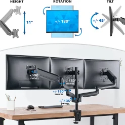 Mount-It! 27” Triple Monitor Mount With Gas Spring Arms, Black