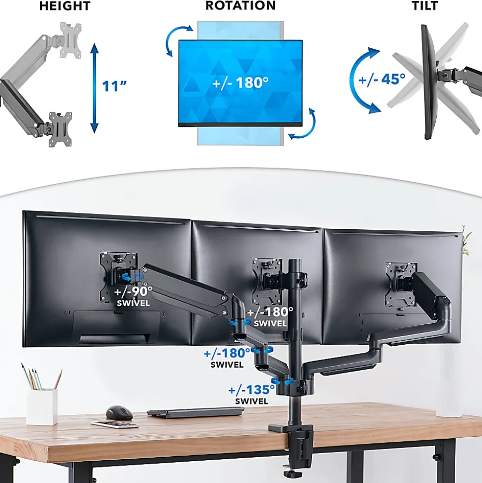 Mount-It! 27” Triple Monitor Mount With Gas Spring Arms, Black