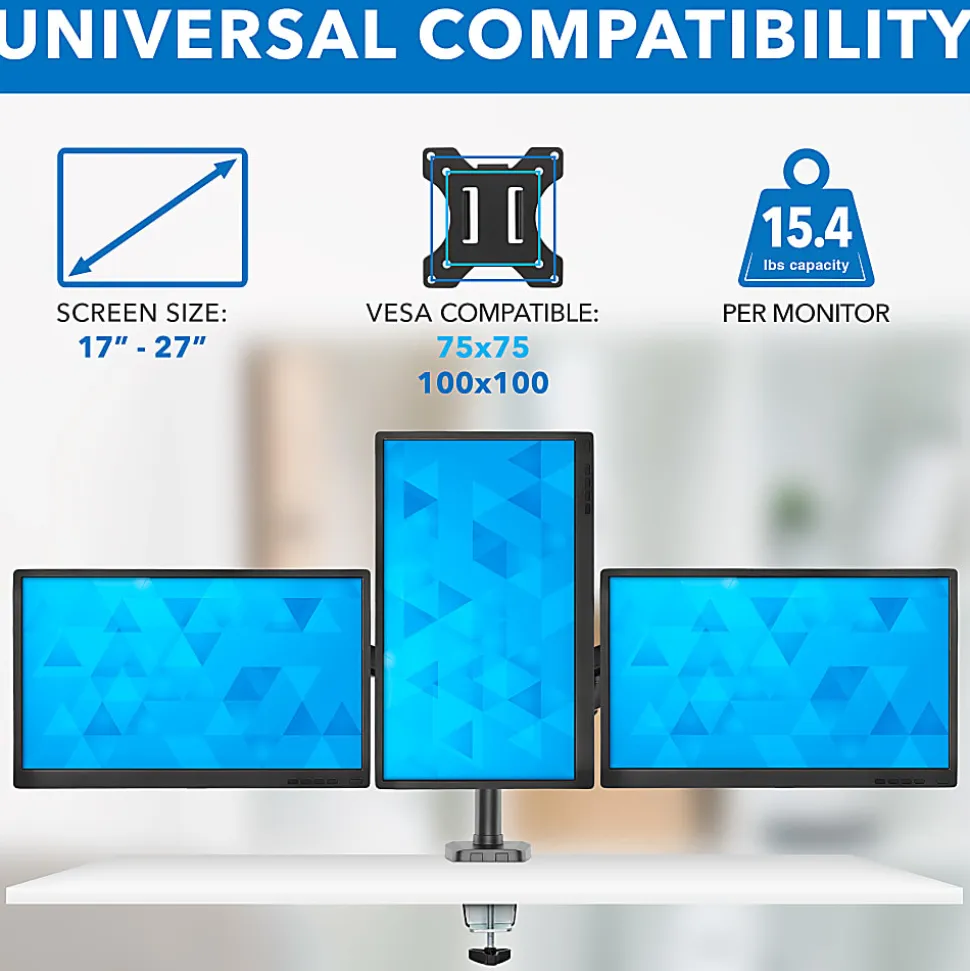 Mount-It! 27” Triple Monitor Mount With Gas Spring Arms, Black
