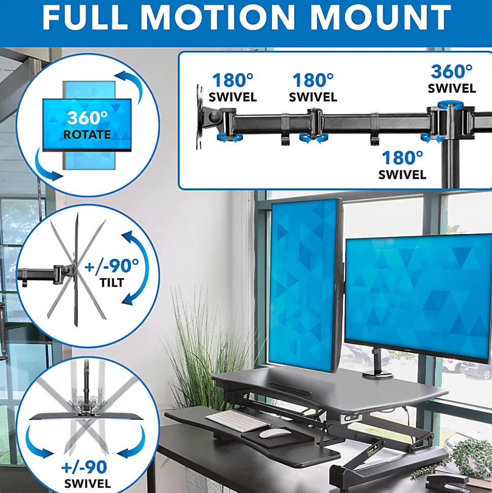 Mount-It! 33"W Electric Adjustable Height Sit-Stand Desk Converter With Dual Monitor Mount, Black