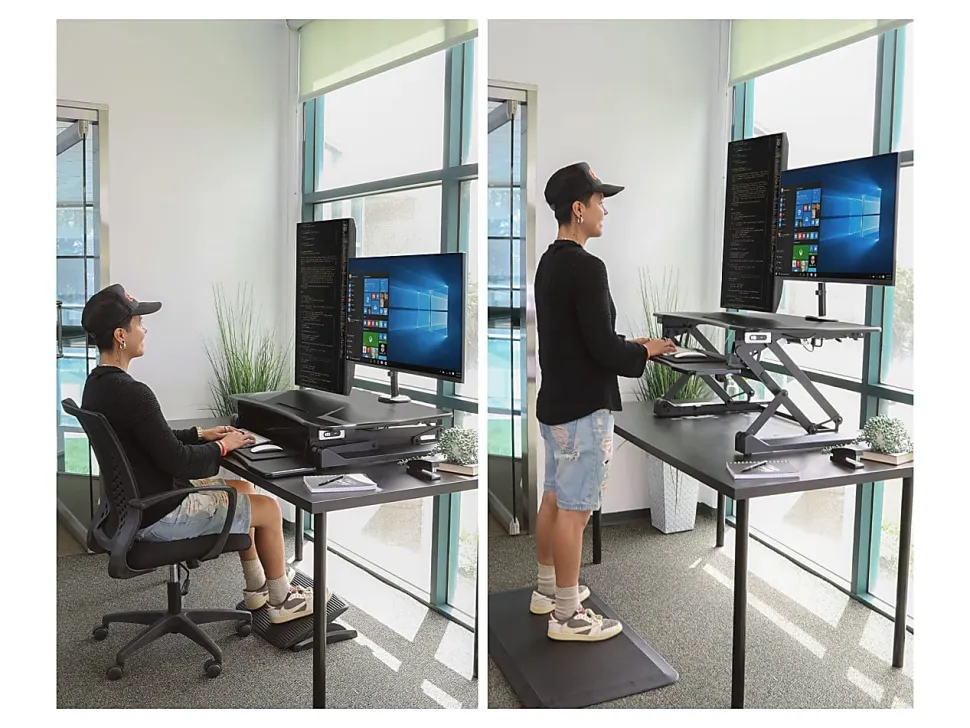 Mount-It! 33"W Electric Adjustable Height Sit-Stand Desk Converter With Dual Monitor Mount, Black