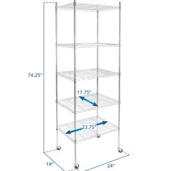 Mount-It! Wire Shelving With Wheels, 5-Tiers, 74-1/4