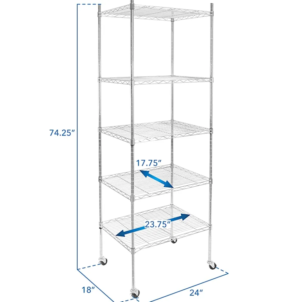 Mount-It! Wire Shelving With Wheels, 5-Tiers, 74-1/4"H x 24"W x 18"D, Silver
