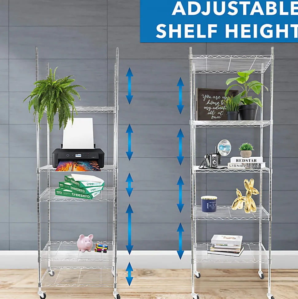 Mount-It! Wire Shelving With Wheels, 5-Tiers, 74-1/4"H x 24"W x 18"D, Silver