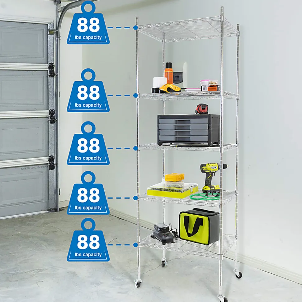 Mount-It! Wire Shelving With Wheels, 5-Tiers, 74-1/4"H x 24"W x 18"D, Silver