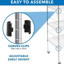 Mount-It! Wire Shelving With Wheels, 5-Tiers, 74-1/4