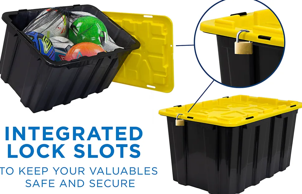 Mount It! Work It! Heavy Duty Plastic Storage Containers, 60 Liters, Black/Yellow, Case Of 3 Bins