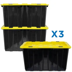 Mount It! Work It! Heavy Duty Plastic Storage Containers, 60 Liters, Black/Yellow, Case Of 3 Bins