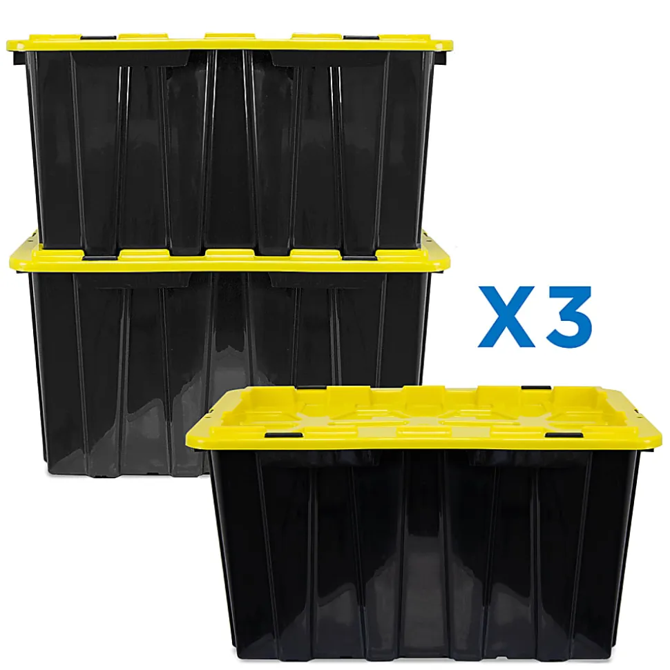 Mount It! Work It! Heavy Duty Plastic Storage Containers, 60 Liters, Black/Yellow, Case Of 3 Bins