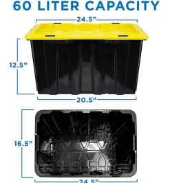 Mount It! Work It! Heavy Duty Plastic Storage Containers, 60 Liters, Black/Yellow, Case Of 3 Bins