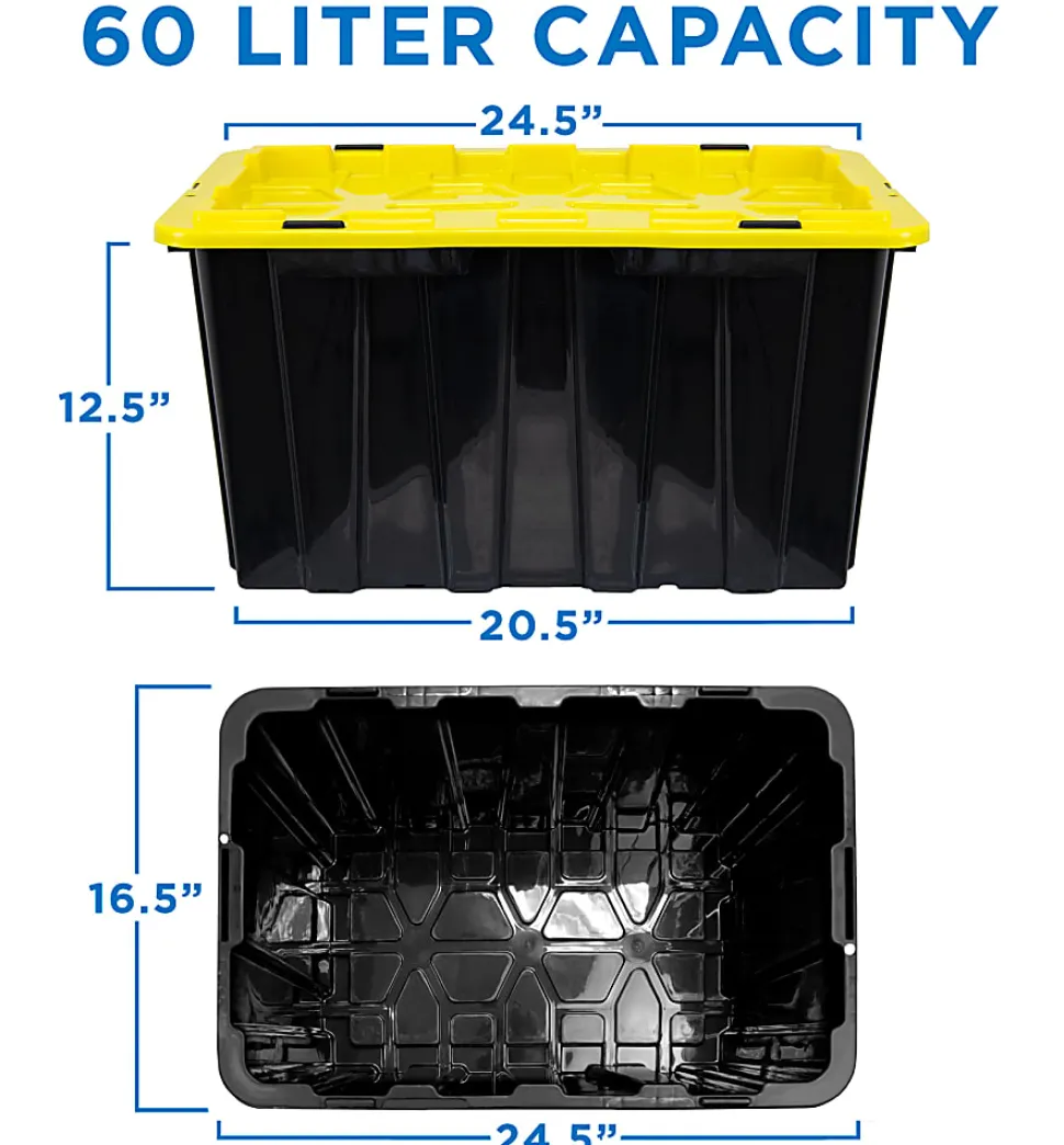 Mount It! Work It! Heavy Duty Plastic Storage Containers, 60 Liters, Black/Yellow, Case Of 3 Bins