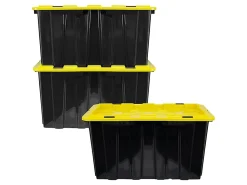Mount It! Work It! Heavy Duty Plastic Storage Containers, 60 Liters, Black/Yellow, Case Of 3 Bins