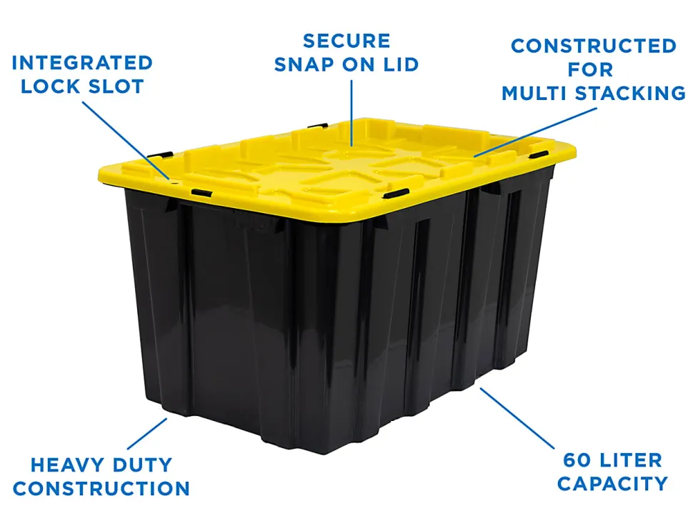 Mount It! Work It! Heavy Duty Plastic Storage Containers, 60 Liters, Black/Yellow, Case Of 3 Bins