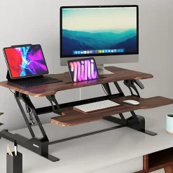 Mount-It! 38"W Standing Desk Converter With Adjustable Height, Brown