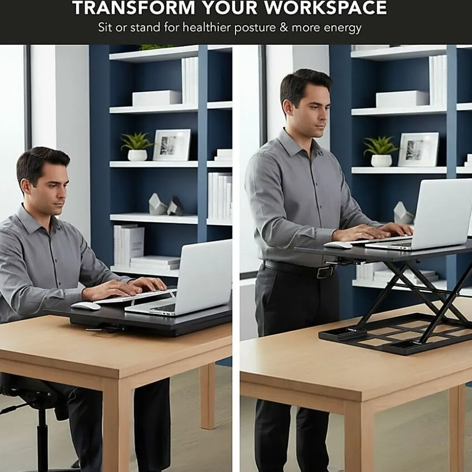 Mount-It! X-Lift 32"W Standing Desk Converter With Adjustable Height, Brown