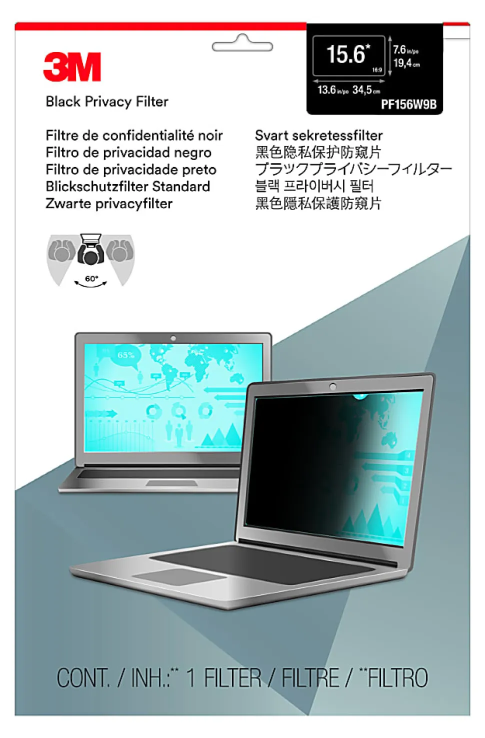 3M Privacy Filter for Laptops with 3M™ COMPLY™ Magnetic Flip Attach, 15.6" Full Screen, 16:9 Aspect Ratio, Reduces Blue Light, Anti-Glare