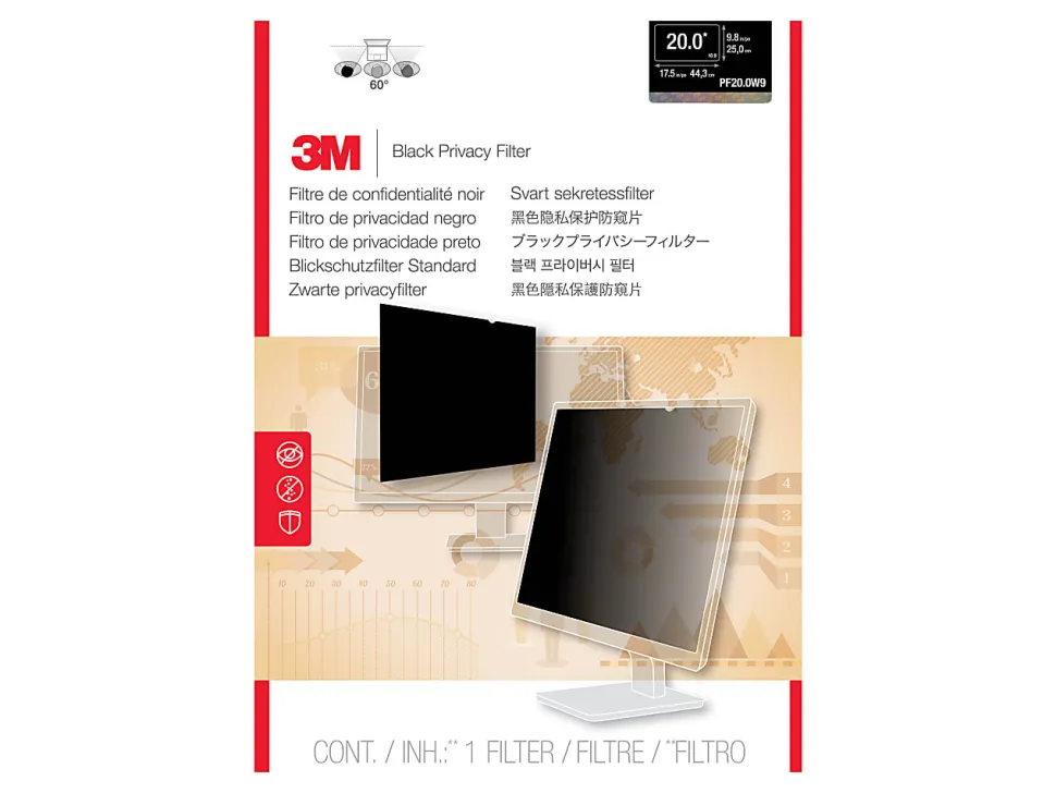 3M™ Privacy Filter Screen for 20" Widescreen Monitors, 16:9 Aspect Ratio, Reduces Blue Light, Anti-Glare