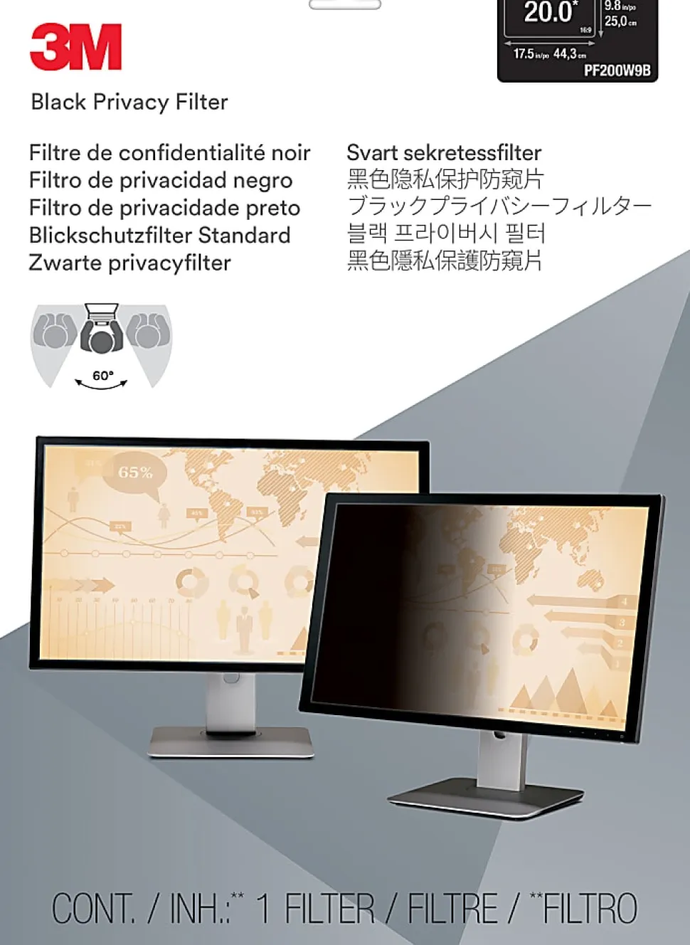 3M™ Privacy Filter Screen for 20" Widescreen Monitors, 16:9 Aspect Ratio, Reduces Blue Light, Anti-Glare