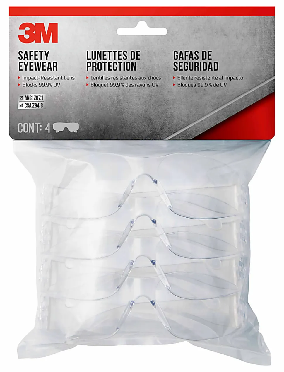 3M Safety Eyewear Anti-Scratch, 4 Pack of Safety Glasses, Clear, Clear Lens