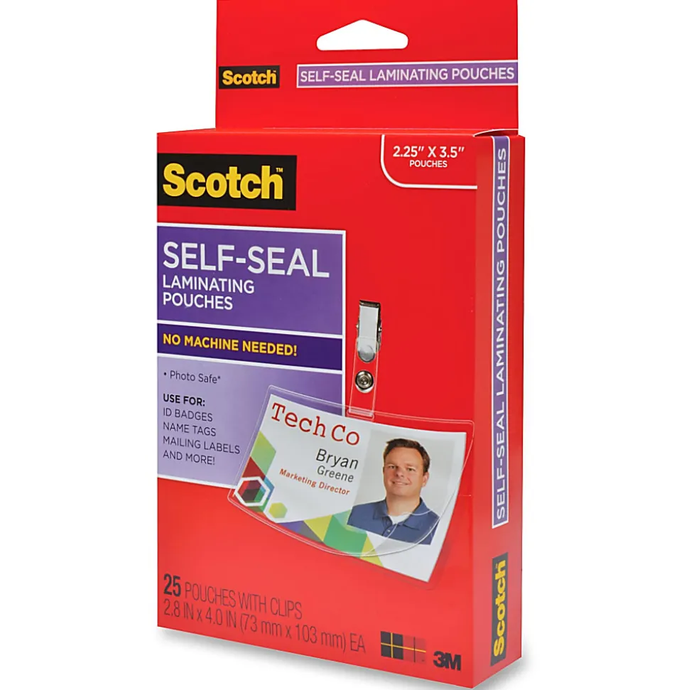 3M™ Scotch™ Self-Laminating Pouches, For Clip Style ID Badges, 4 1/16" x 2 5/16", Box Of 25
