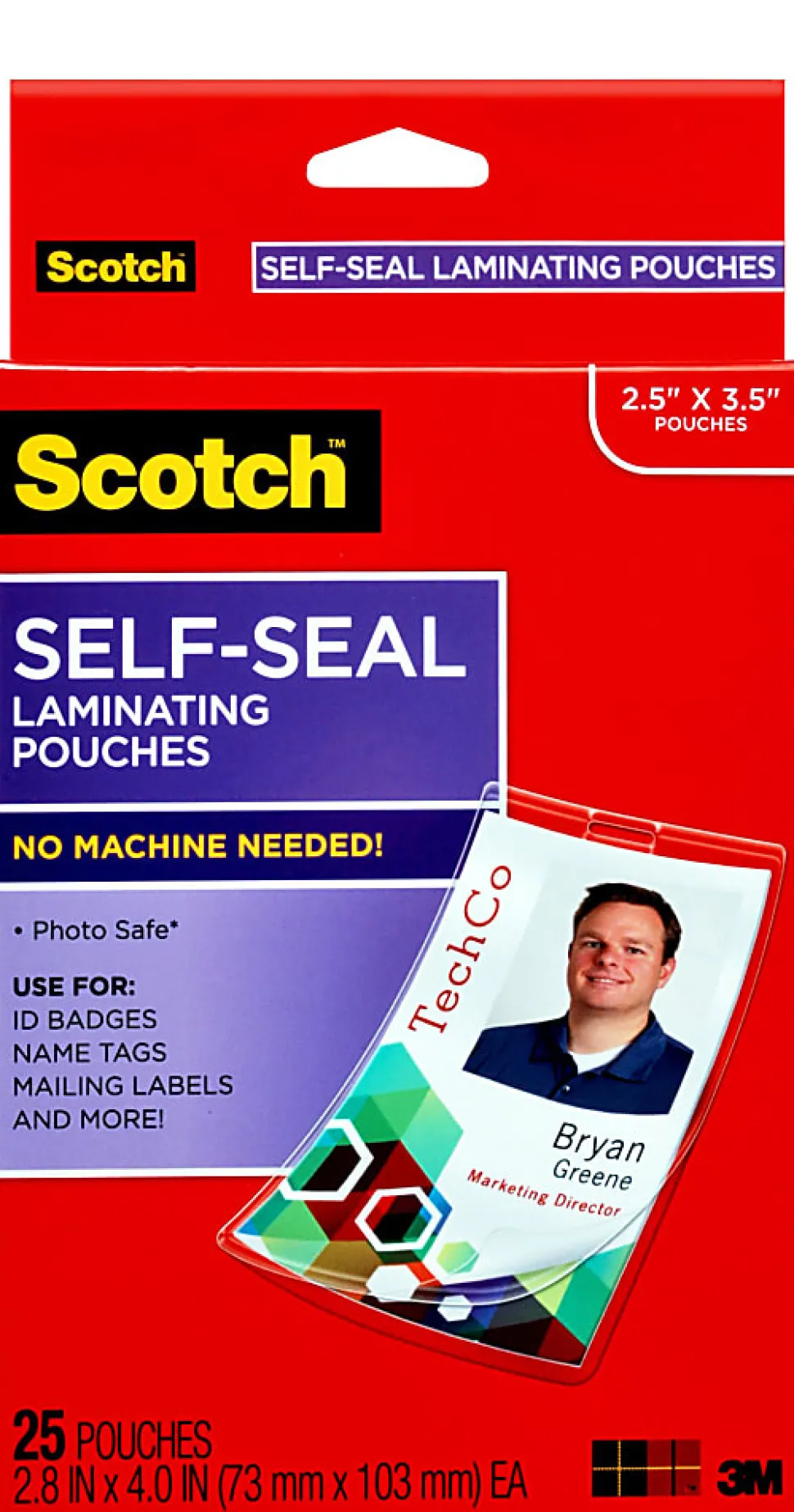 3M™ Scotch™ Self-Laminating Pouches, For Clip Style ID Badges, 4 1/16" x 2 5/16", Box Of 25