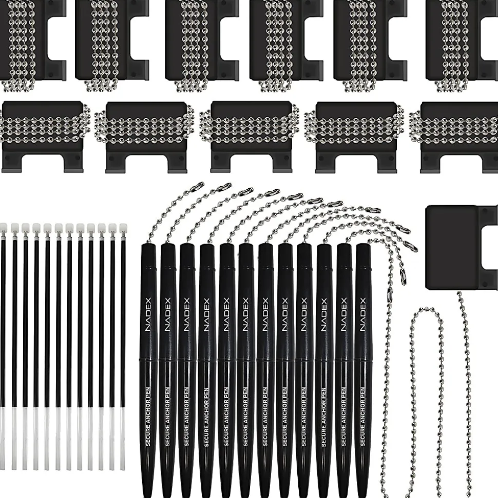 Nadex Coins Ball and Chain Security Pen Set (12 Pens, Black) - Rubber - Black