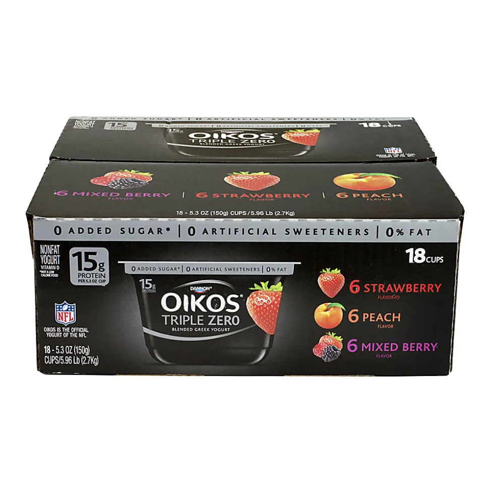 National Brand Dannon Oikos Triple Zero Blended Greek Nonfat Yogurt Variety Pack, 5.3 Oz, Pack Of 18 Tubs