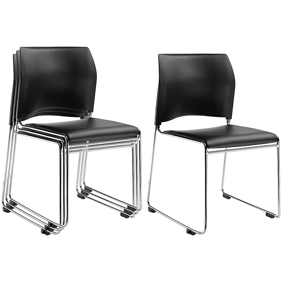 National Public Seating 8700 Series Cafetorium Plush Vinyl Stack Chairs, Black, Pack Of 4 Chairs