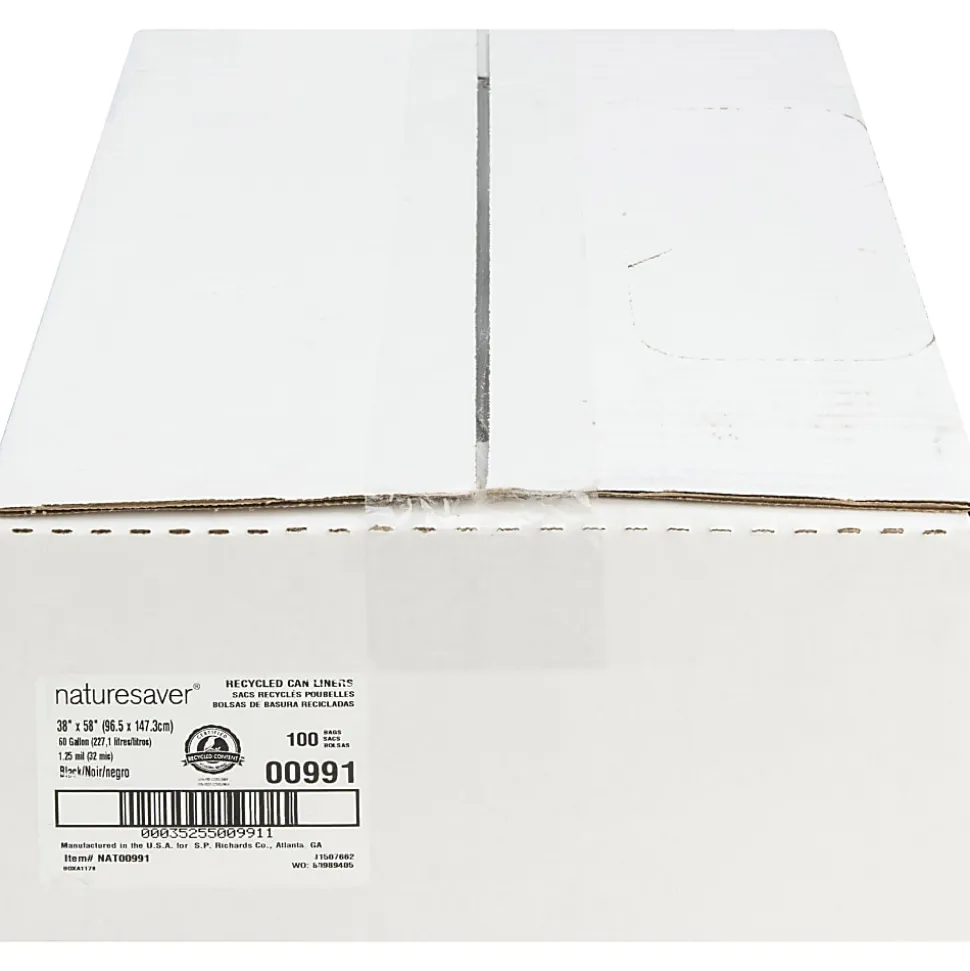 Nature Saver 1.25 mil Can Liners, 60 Gallons, 38" x 58", 75% Recycled, Black, Box Of 100