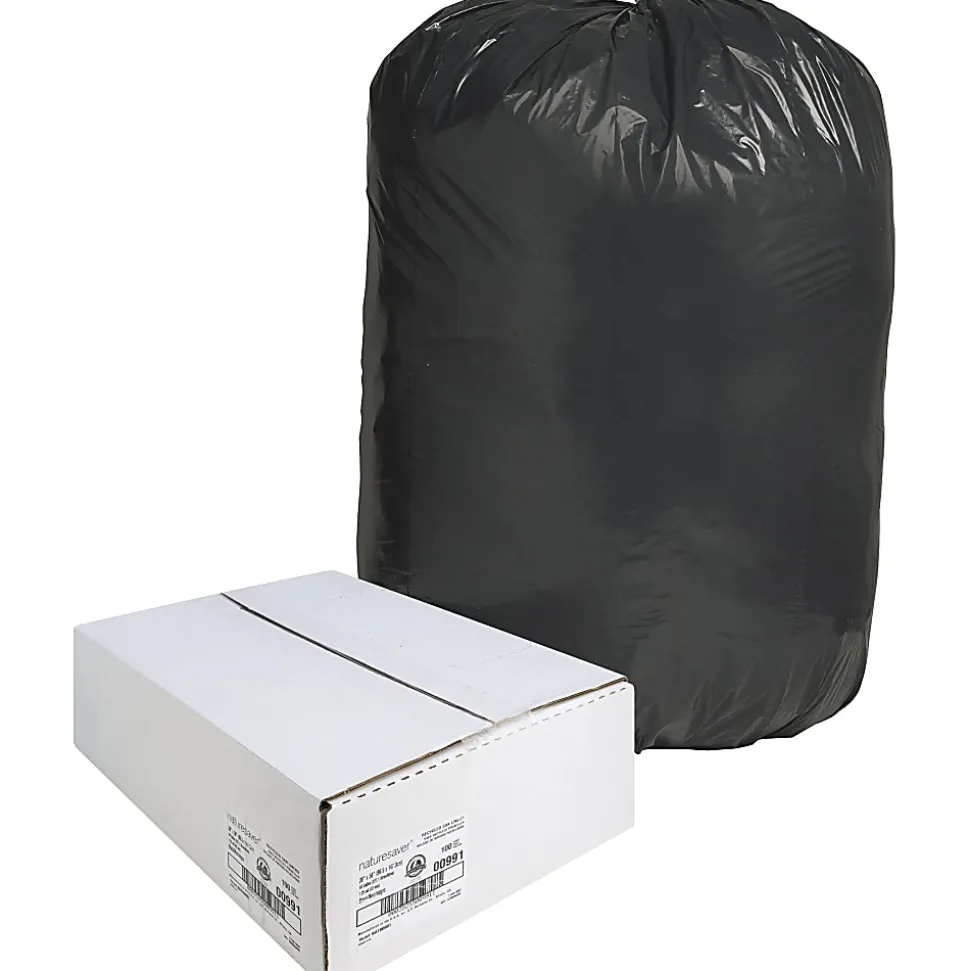 Nature Saver 1.25 mil Can Liners, 60 Gallons, 38" x 58", 75% Recycled, Black, Box Of 100