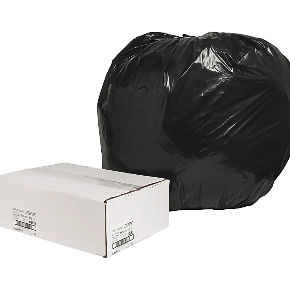 Nature Saver 1.25 mil Can Liners, 56 Gallons, 43" x 48", 75% Recycled, Black, Box Of 100