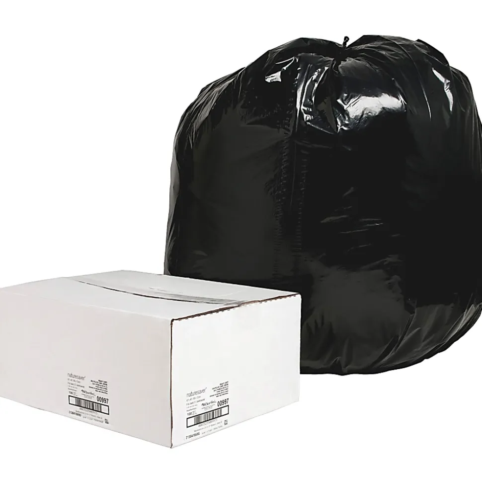 Nature Saver 1.65 mil Heavy Duty Can Liners, 56 Gallons, 43" x 48", 75% Recycled, Black, Box Of 100