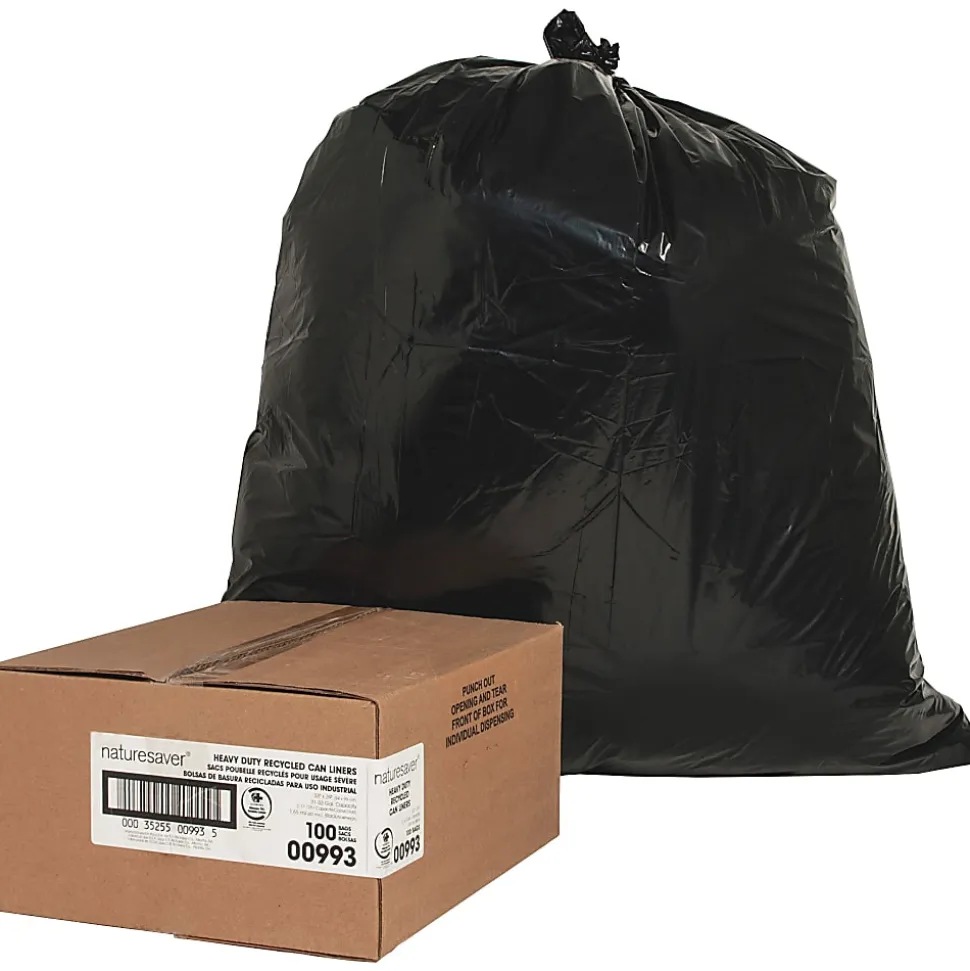 Nature Saver 75% Recycled Heavy-Duty Trash Liners, 1.65mil, 45 Gallons, 40" x 46", Black, Box Of 100