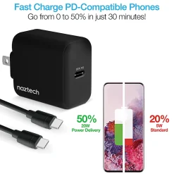 Naztech 20-Watt Power Delivery USB-C Wall Charger And USB-C To USB-C Cable, 4', Black