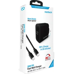 Naztech 20-Watt Power Delivery USB-C Wall Charger And USB-C To USB-C Cable, 4', Black