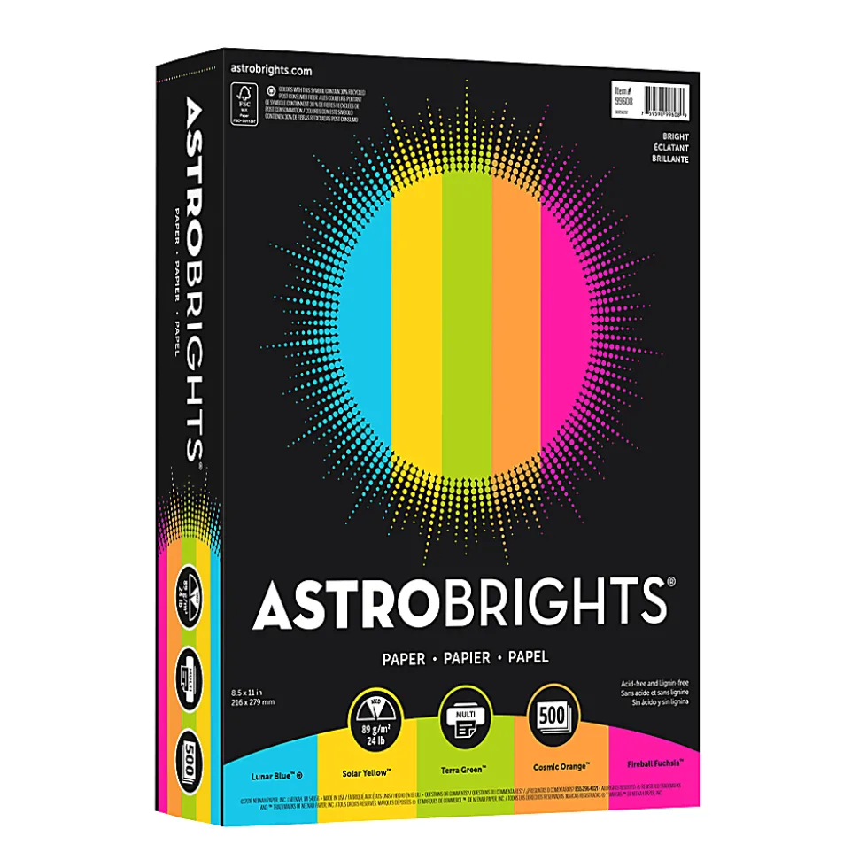 Neenah® Astrobrights® Bright Color Copy Paper, 1 Ream, Bright Assortment, Letter (8.5" x 11"), 500 Sheets Per Ream, 24 Lb, 94 Brightness
