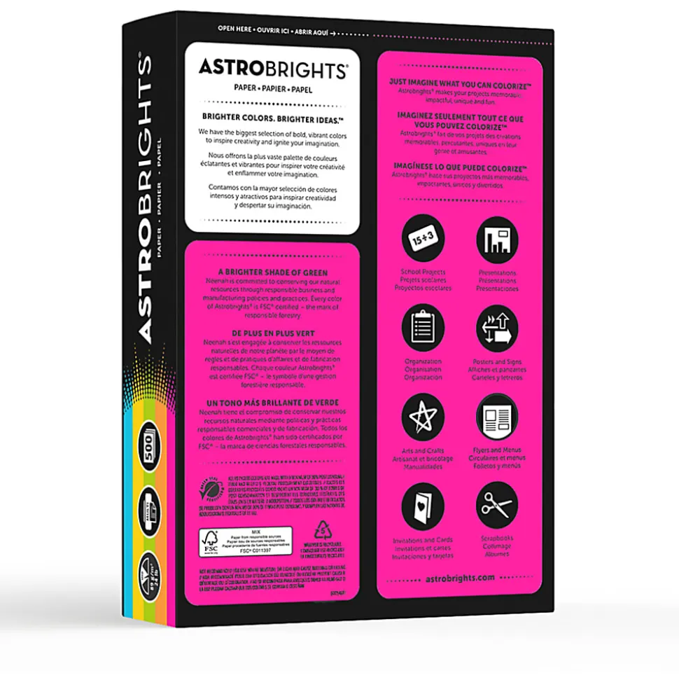 Neenah® Astrobrights® Bright Color Copy Paper, 1 Ream, Bright Assortment, Letter (8.5" x 11"), 500 Sheets Per Ream, 24 Lb, 94 Brightness
