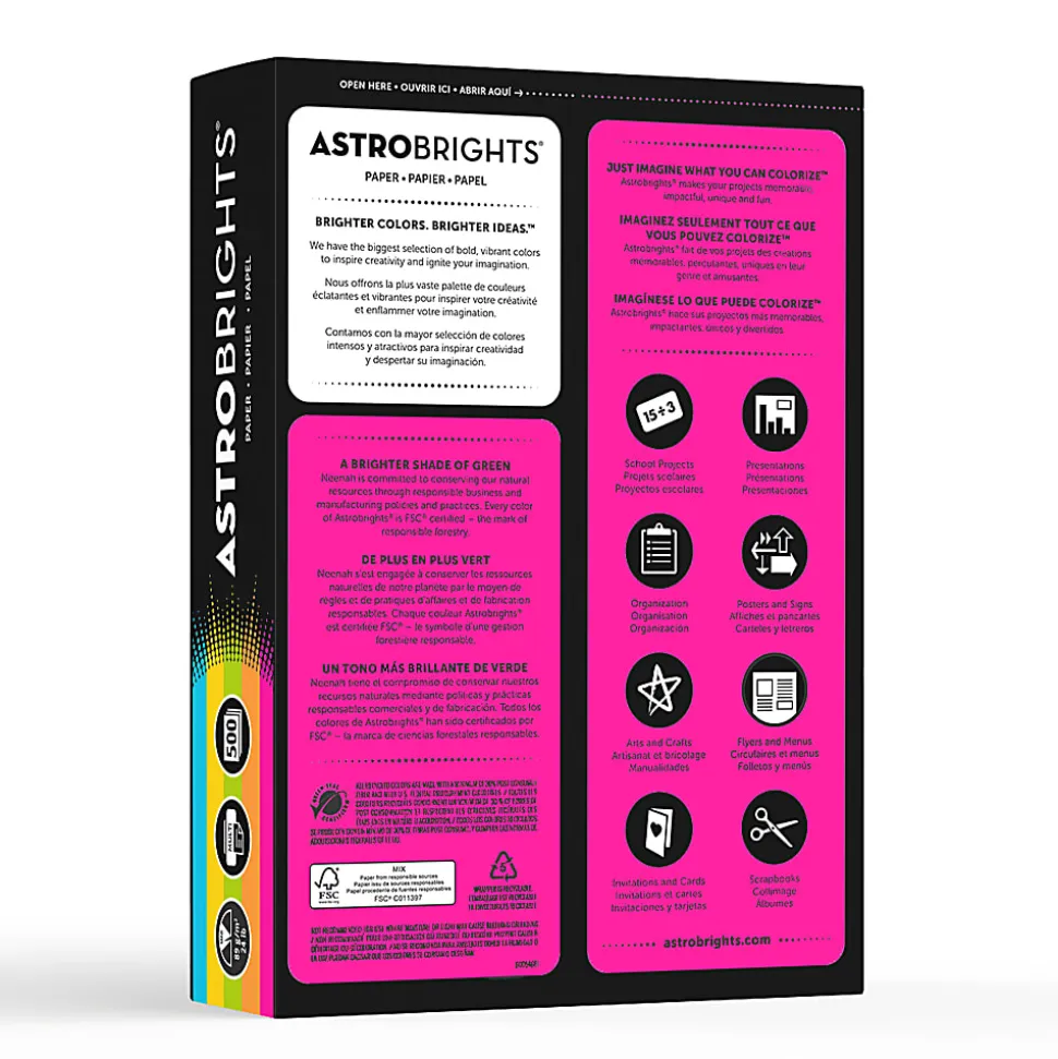 Neenah® Astrobrights® Bright Color Copy Paper, 1 Ream, Bright Assortment, Letter (8.5" x 11"), 500 Sheets Per Ream, 24 Lb, 94 Brightness