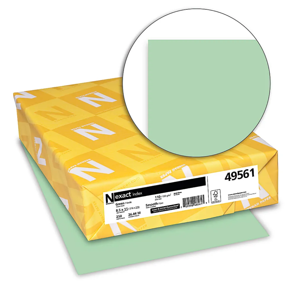 Neenah Exact® Index Card Stock, 8 1/2" x 11", 110 Lb., Green, Pack Of 250 Sheets