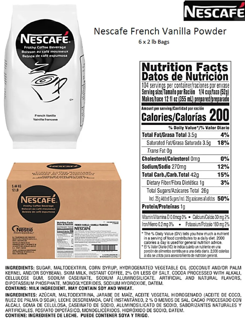 NESCAFE Frothy Coffee Beverage, French Vanilla Flavor, 2 Lb Bag, Box of 6 Bags